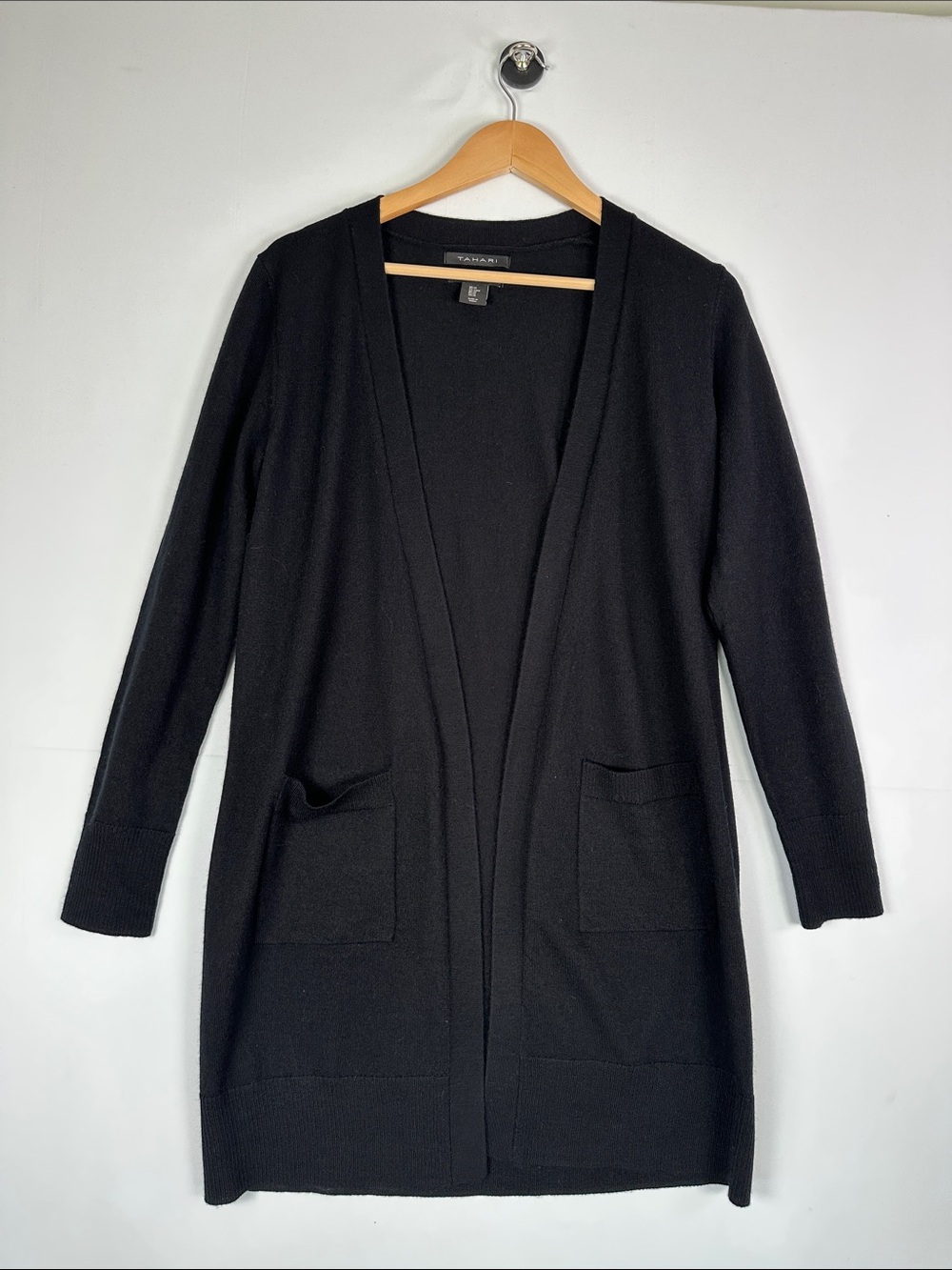 Tahari Merino Wool Cardigan Open Front Black Medium
